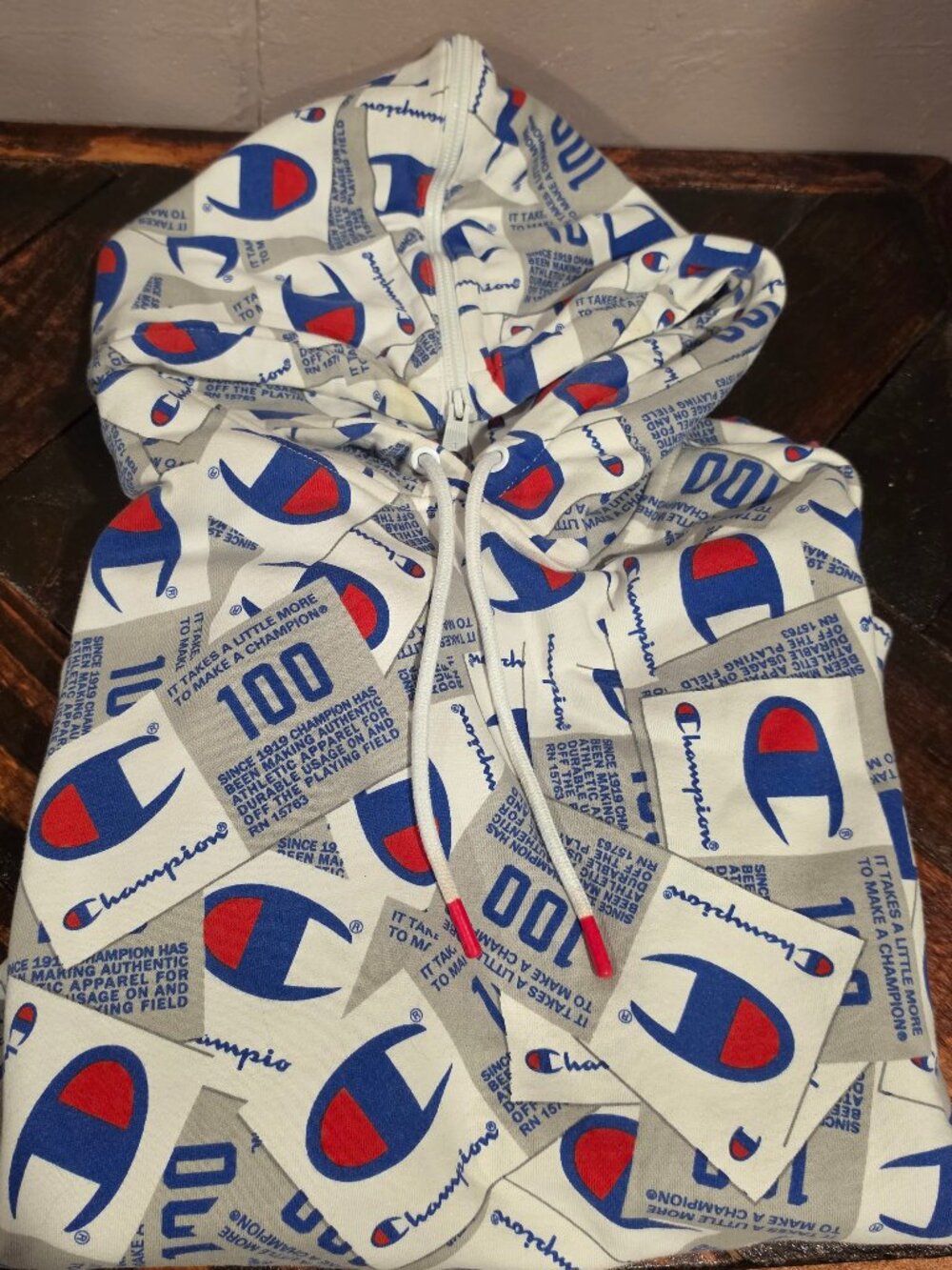Champion 100 Years All Over Print Logo Hoodie Medium - Picture 2 of 9